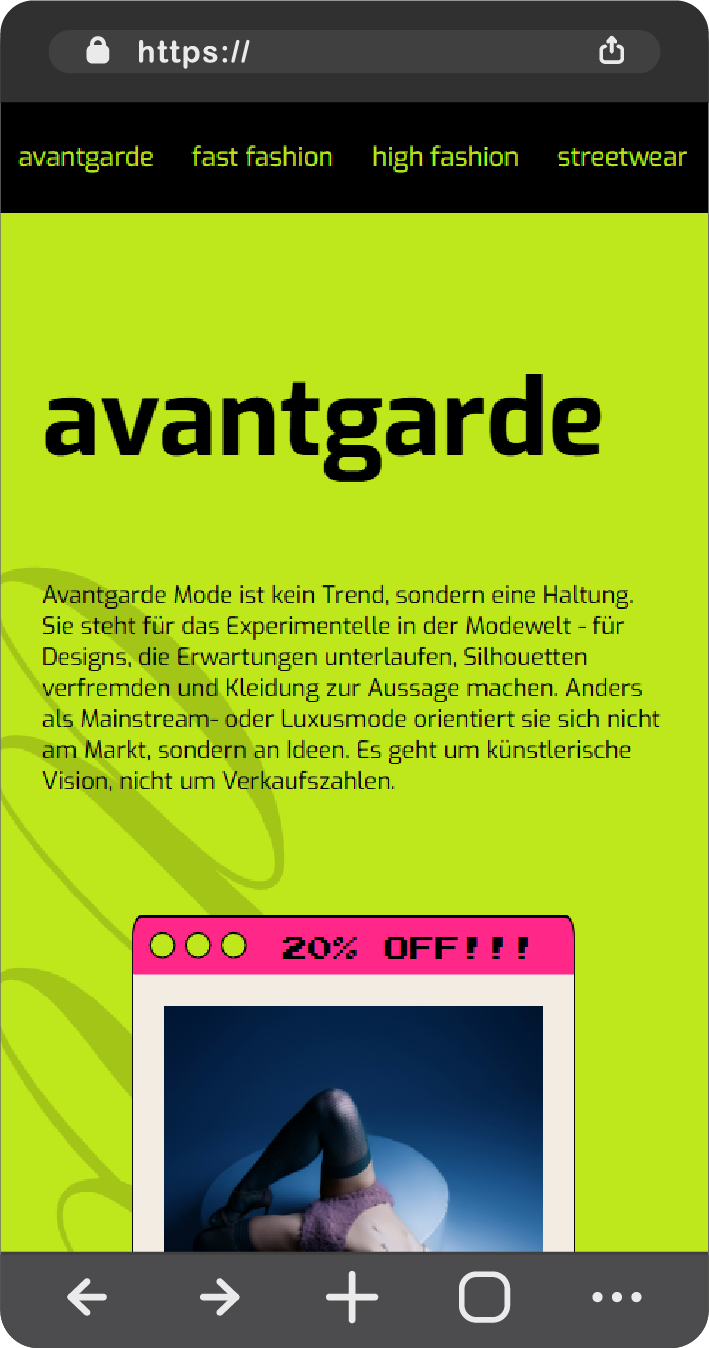 Mockup of a mobile website design about avant-garde fashion, featuring neon green and pink UI with bold text. Displayed in grayscale on the homepage, hover reveals color. Links to full project.